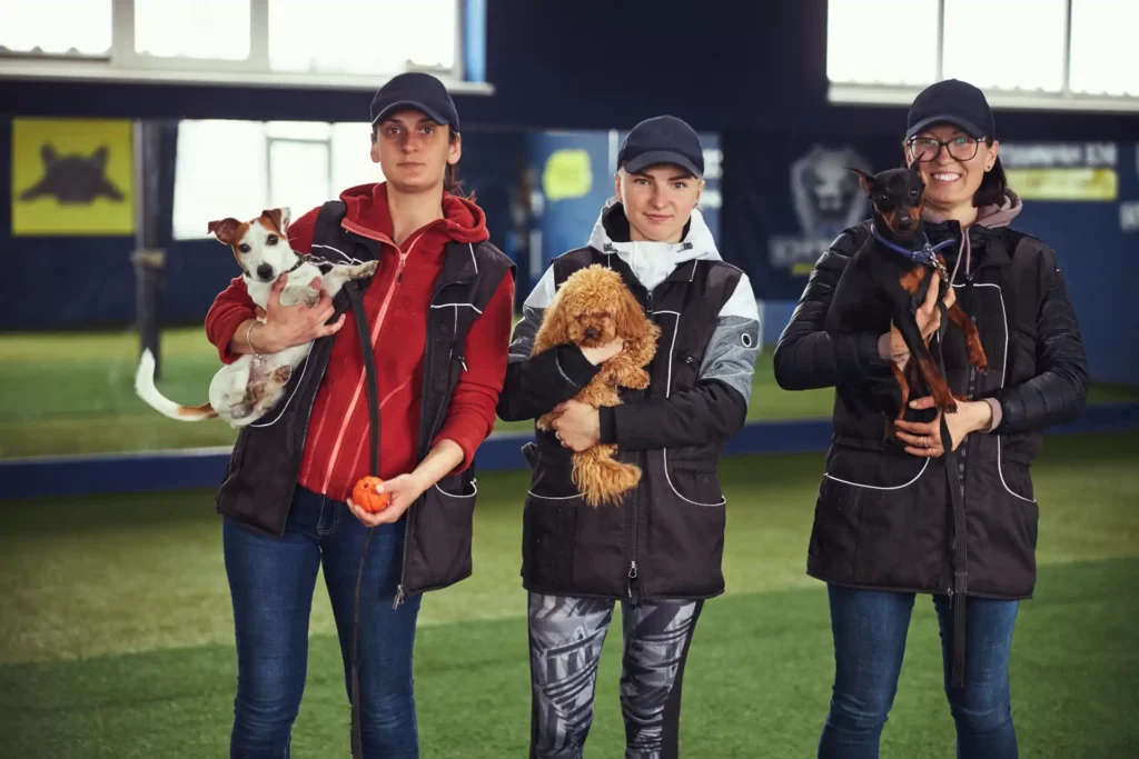 Three dog owners and their dogs training at a venue