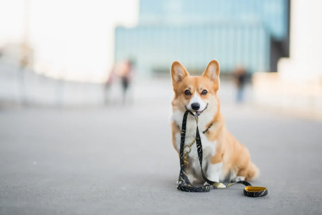 corgie puppy holding own leash