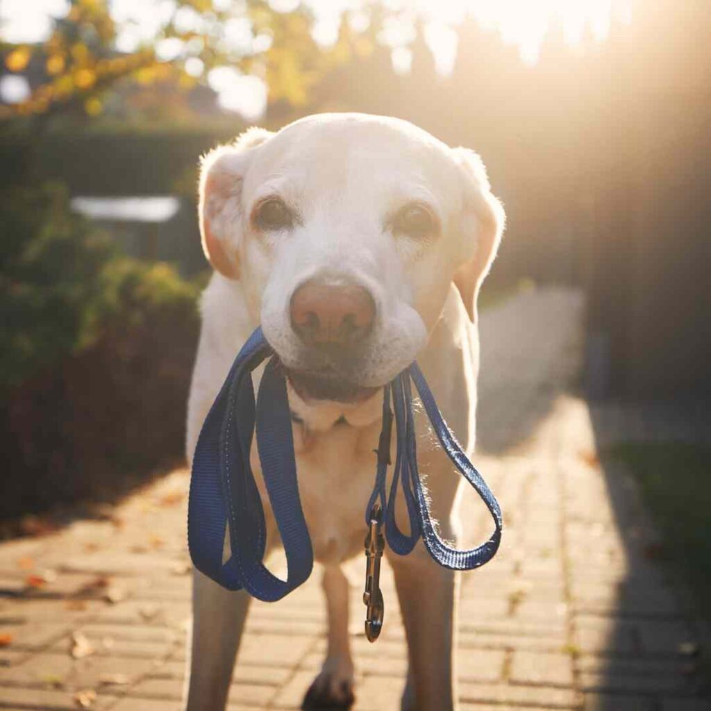 understimulated dog holding a leash praying to go for a walk
